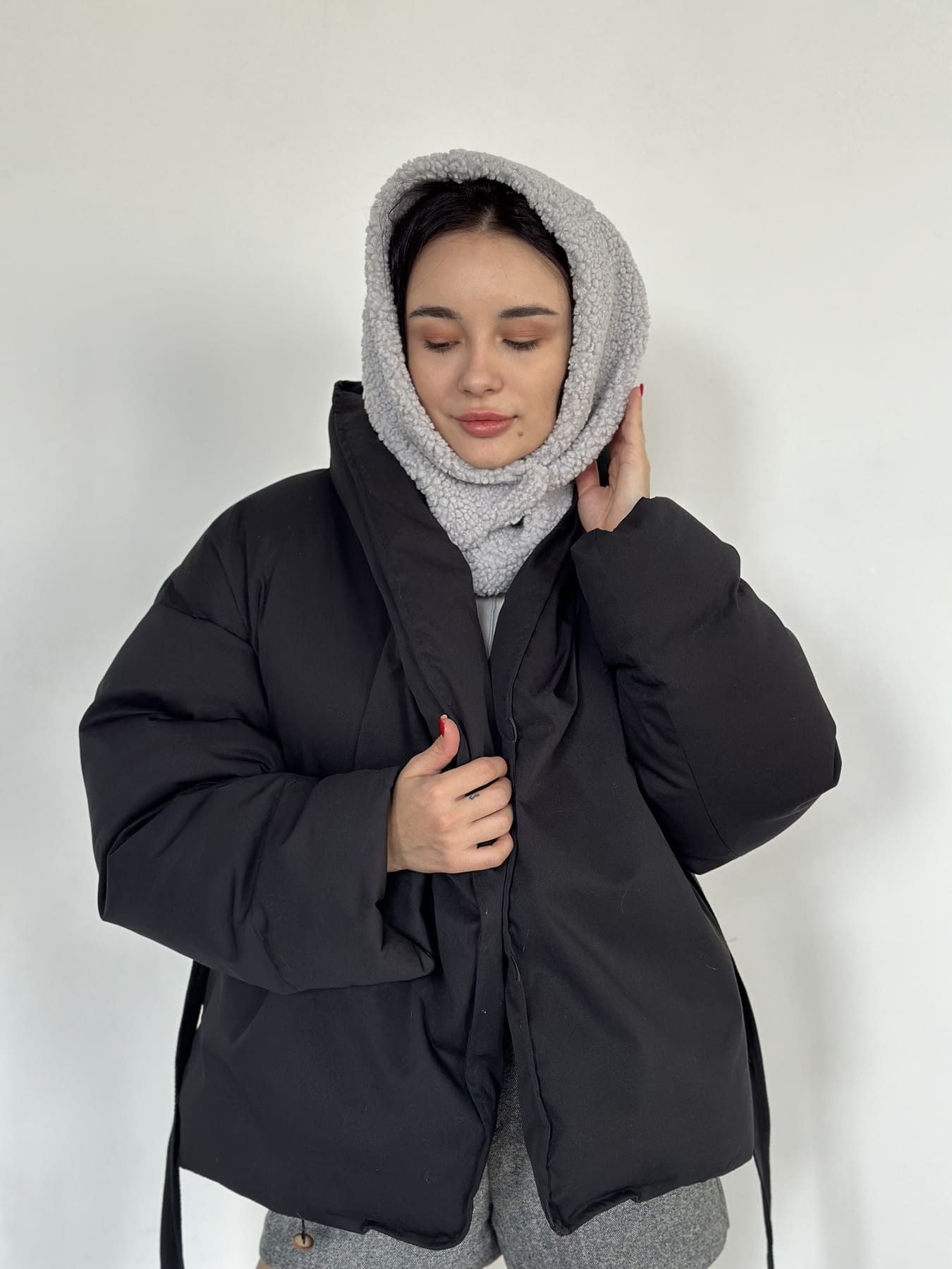 Капор тедди FULI из экомеха серого цвета Е1174 фото
